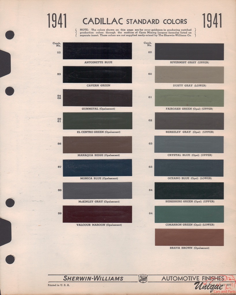 1941 Cadillac Paint Charts Williams 1